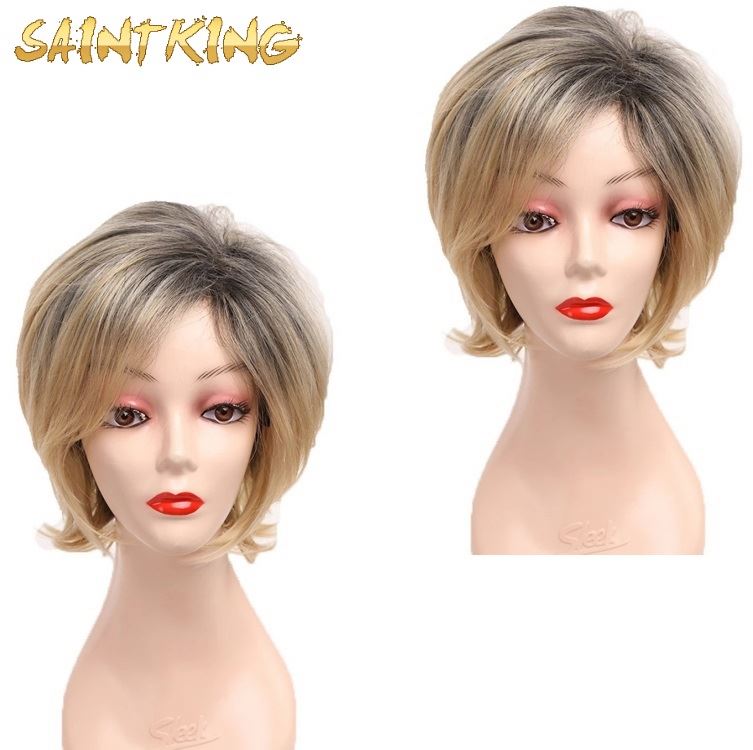 MLCH01 Mix Color Pixie Cut Blonde Natural Mix Fashion Cheap for Black Women Straight Heat Resistant Soft Synthetic Wig Bangs